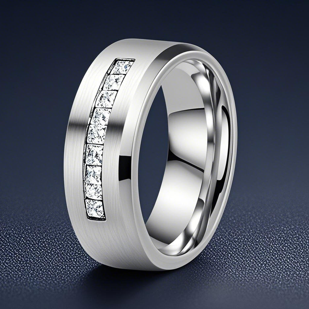 Men's Stainless Steel Brushed Band Ring With Square Zirconia Inlay Non-Fading Fashion Jewelry Trendy Finger Ring Gift