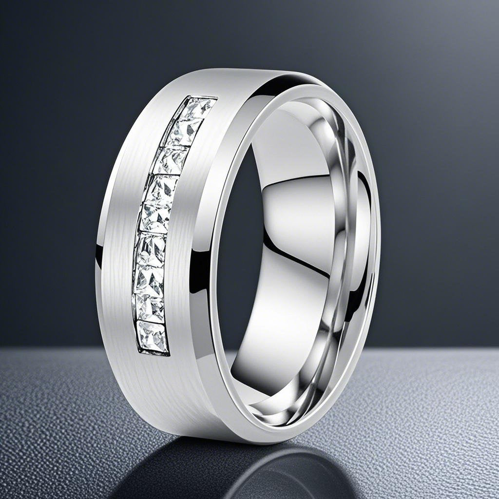 Men's Stainless Steel Brushed Band Ring With Square Zirconia Inlay Non-Fading Fashion Jewelry Trendy Finger Ring Gift