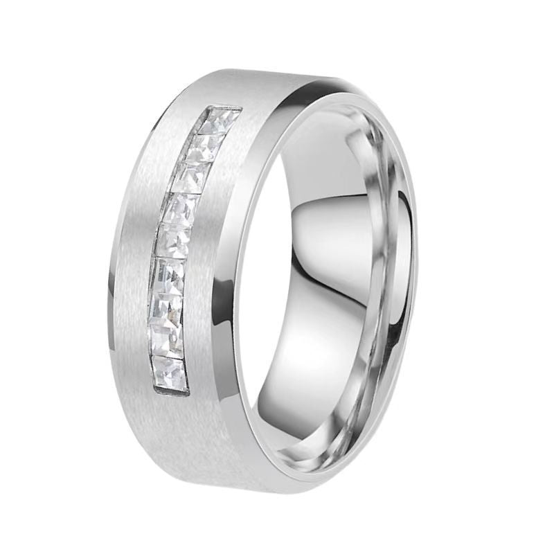 Men's Stainless Steel Brushed Band Ring With Square Zirconia Inlay Non-Fading Fashion Jewelry Trendy Finger Ring Gift